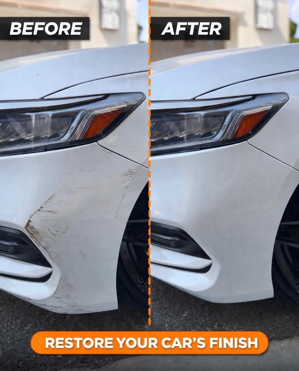 Before and after comparison of scuff marks on a white car bumper